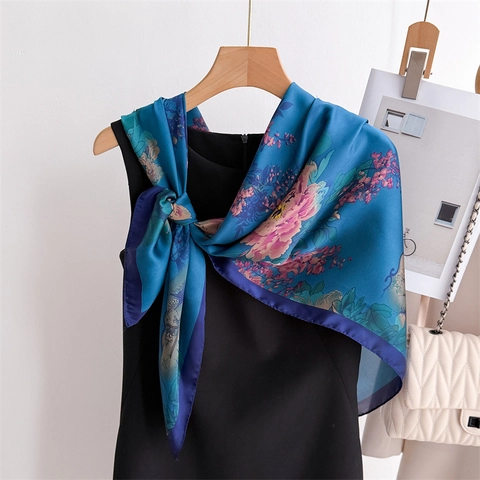 Vintage Vierkante Sjaal Met Bloemenprint Satijn Polyester Luxe Satijngevoel Grote Omslagdoek Voor Dames