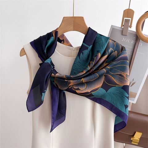 Women Elegant Floral Print Satin Square Scarf Vintage Flower Large Turban Decorative Shawl Hair Head Scarf Accessories