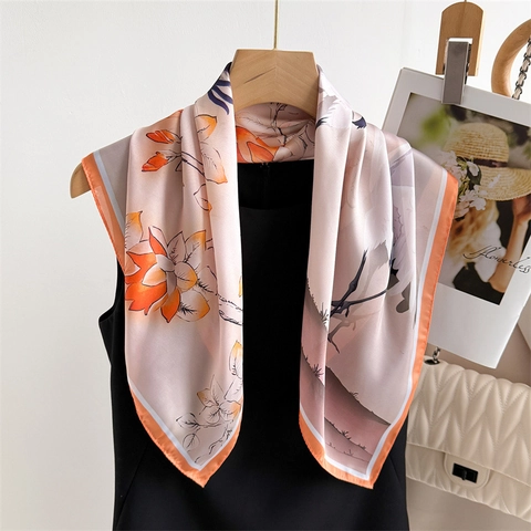 Oriental Crane Floral Print Square Scarf Satin Faux Satin Neckerchief Retro Fashion Women Hair Head Wraps