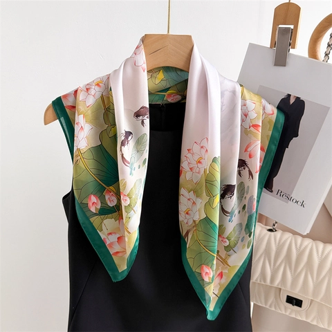 Lotus Koi Fish Print Square Scarf Satin Like Satin Neck Kerchief Versatile Chinese Style Elegant For Women