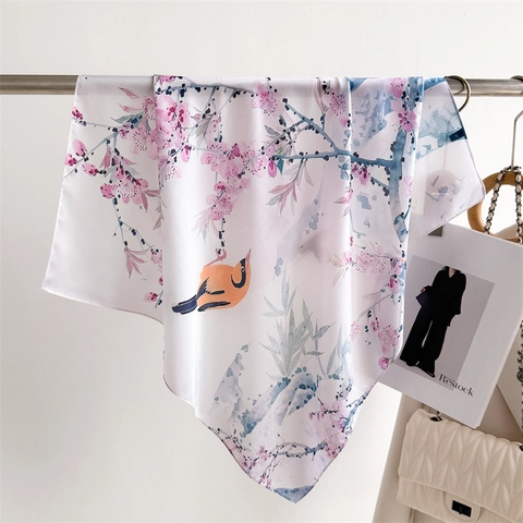 Sciarpa Quadrata In Simil Raso Per Donna Elegante Stampa Floreale Uccelli Chic Bandana Accessori Moda Ufficio