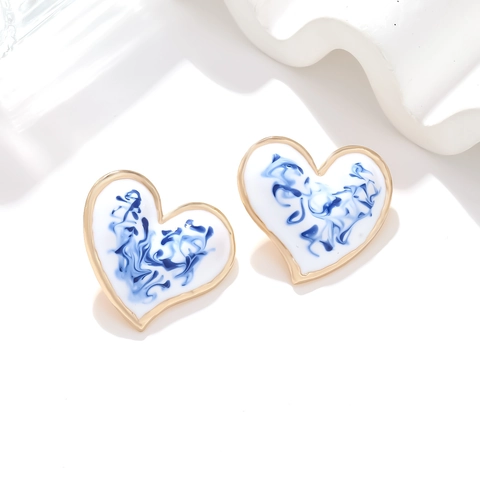 Heart Stud Earrings Alloy Enamel Blue White Porcelain Pattern Retro Elegant Jewelry For Women