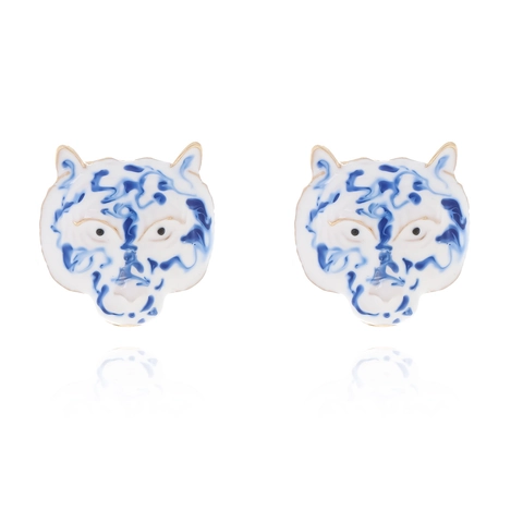 Tiger Head Stud Earrings Blue And White Porcelain Style Enamel Zinc Alloy Gold Plated Vintage Animal Jewelry For Women