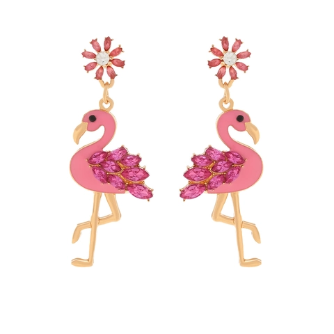 Pink Flamingo Drop Earrings For Women Flower Stud Alloy Enamel And Rhinestone Long Dangle Summer Tropical Animal Jewelry