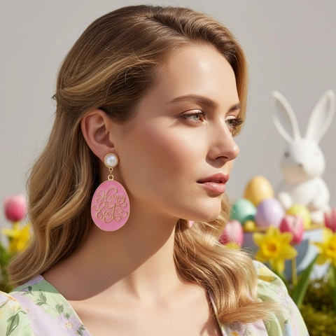 Pendientes Colgantes De Huevo Happy Easter Esmalte Rosa Perla Artificial Aleación De Zinc Con Poste De Acero Inoxidable