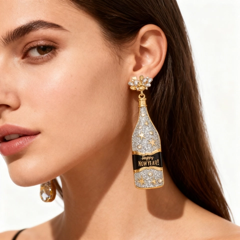 Champagne Bottle Drop Earrings Alloy Rhinestone Happy New Year Star Statement Jewelry With Stainless Steel Earring Post