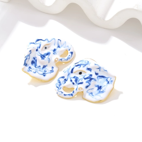 Orecchini A Lobo Elefante Lega Smalto Testa Di Animale Blu Bianco Trama Marmo Moda Donna Artistico Gioielli