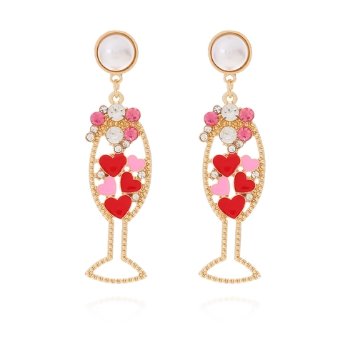 Orecchini Pendenti A Calice Di Champagne Con Cuori In Smalto Strass Perla Artificial E Perno In Acciaio Inossidabile Donna