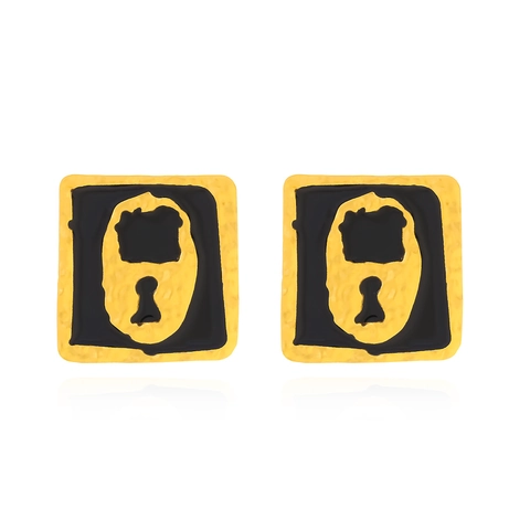 Retro Square Stud Earrings With Black Enamel Gold Plated Zinc Alloy Lock Keyhole Design Hammered Edge Vintage Gothic Style