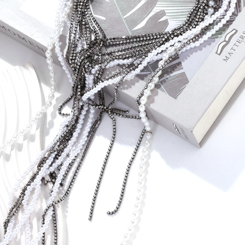 Multi Layer Tassel Necklace With Imitation Artificial Pearl And Rhinestone Statement Exaggerated Fashion Jewelry For Women