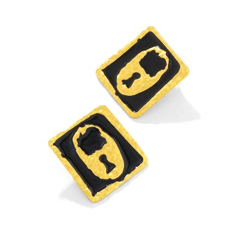 Retro Square Stud Earrings With Black Enamel Gold Plated Zinc Alloy Lock Keyhole Design Hammered Edge Vintage Gothic Style