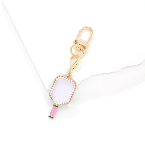 Pickleball Paddle Keychain Metal Enamel Sports Charm Faux Artificial Pearl Inlay Backpack Pendant Fashion Sporty Accessory