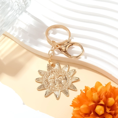 Portachiavi Viso Sole Oro Lega Zinco Ciondolo Girasole Retrò Artistico Fascino Borsa Chiusura Aragosta Accessorio Moda
