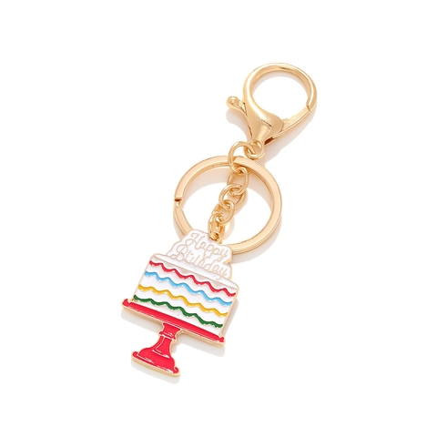 Happy Birthday Cake Keychain Alloy Enamel Rainbow Pendant Key Ring For Party Celebrations Colorful Bag Hanging Accessory