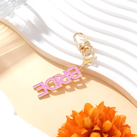 Portachiavi Lettera Bride Smalto Rosa Lega Placcato Oro Pendente Verticale Regalo Matrimonio Festa