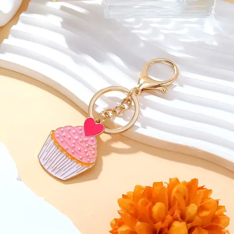 Cupcake Enamel Keychain Alloy Pink Sweet Dessert Bag Pendant With Red Heart And Faux Artificial Pearl Girly Gift