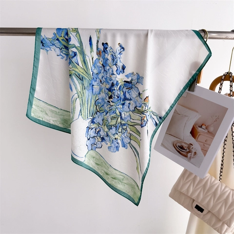 Floral Print Women Square Scarf Satin Satin Like Headscarf Shawl French Style Fashion Elegant Accessories