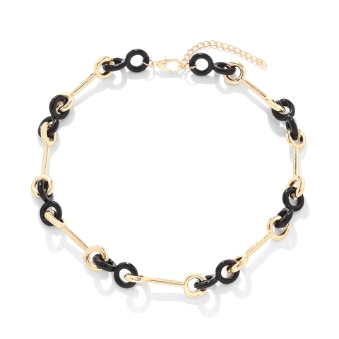 Geometric Link Alloy Necklace With Black Enamel And Gold Color Finish Modern Fashion Contrast Color Choker For Women