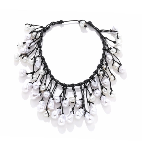 Handmade Baroque Imitation Artificial Pearl Statement Necklace With Black Woven Cord Bohemian Layered Choker For Women
