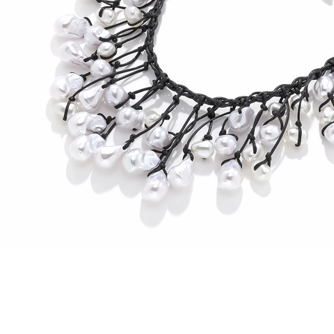 Handmade Baroque Imitation Artificial Pearl Statement Necklace With Black Woven Cord Bohemian Layered Choker For Women