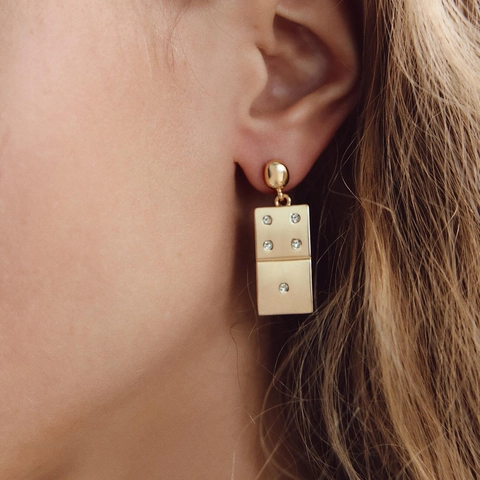 Domino Pendant Drop Earrings Zinc Alloy Rhinestone Inlaid Gold Plated Retro Statement Jewelry Women Fashion Accessories