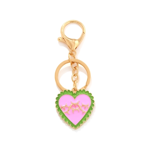 Enamel Heart Keychain Gold Plated Alloy Pink Heart With Green Border Bramble Pattern Key Ring For Women Bag Charm Gift