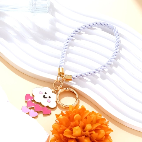 Simpatico Viso Sorridente Nuvola Bianca E Cuore Rosa Lega Smalto Portachiavi Con Corda Intrecciata Viola Ciondolo Borsa