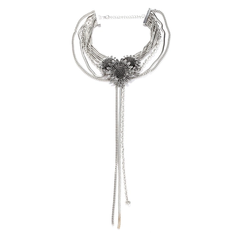 Vintage Zilverkleurige Meerlaagse Ketting Met Zonnebloem Madeliefje Hangers En Lange Kwasten Legering Boheemse Sieraden