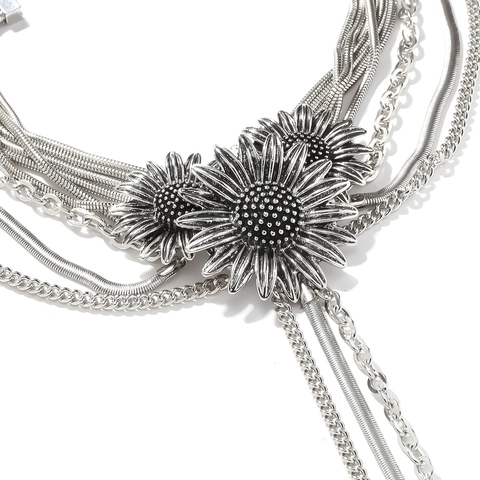 Vintage Zilverkleurige Meerlaagse Ketting Met Zonnebloem Madeliefje Hangers En Lange Kwasten Legering Boheemse Sieraden