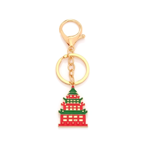 Portachiavi Creativo a Forma di Pagoda Cinese in Smalto Lega Dorata Ciondolo a Torre con Chiusura a Moschettone per Borsa