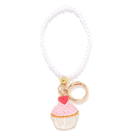 Cupcake Keychain Alloy Enamel Pink Cake Pendant With Imitation Artificial Pearl Beads Heart Decor Sweet Bag Charm For Women Girls