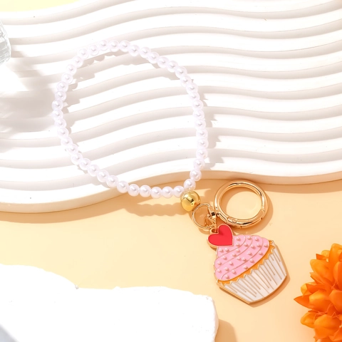 Cupcake Keychain Alloy Enamel Pink Cake Pendant With Imitation Artificial Pearl Beads Heart Decor Sweet Bag Charm For Women Girls