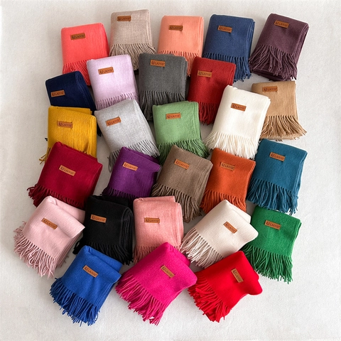 Women's Solid Color Imitation Cashmere Scarf Winter Warm Long Shawl With Tassels Soft Knit Pashmina Wrap For Ladies Everyday Wear