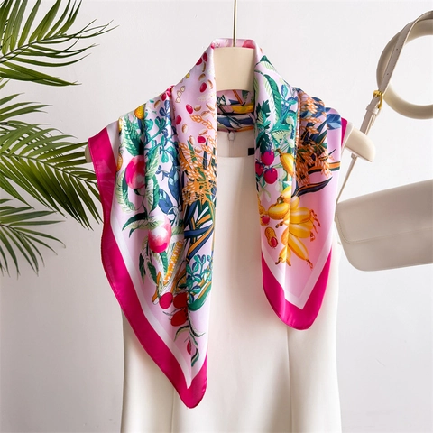 Vintage Bloemen Fruit Print Satijn Vierkante Sjaal Voor Vrouwen 70cm Elegante Polyester Bandana Hoofd Hals Sjaal Mode Accessoire