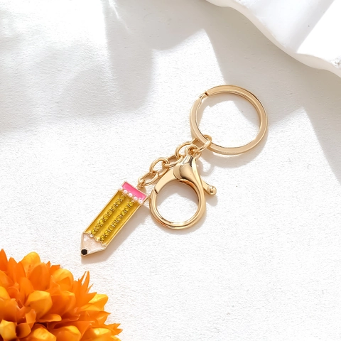 Porte-Clés Crayon Émail Strass Serti Alliage Doré Charme De Sac À Dos Accessoire Scolaire Créatif Cadeau