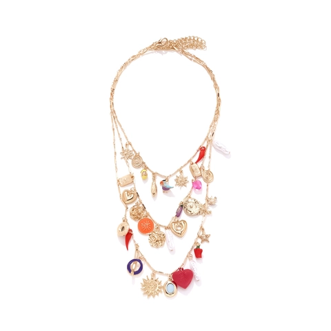 Collana Multistrato Bohémien Lega Pendenti Cuore Peperoncino Uccello Sole Conchiglia Smalto Resina Perla Artificial Imitazione Gioielli