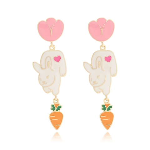 Süße Cartoon Hase Karotte Blume Hängeohrringe Emaille Legierung Schmuck Mit Edelstahl Ohrstecker Damen Geschenk