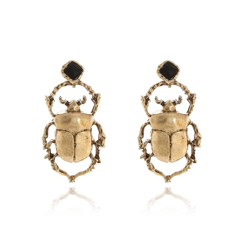 Vintage Scarab Beetle Drop Earrings Antique Gold Silver Color Zinc Alloy Black Resin Square Stone Retro Insect Jewelry Women
