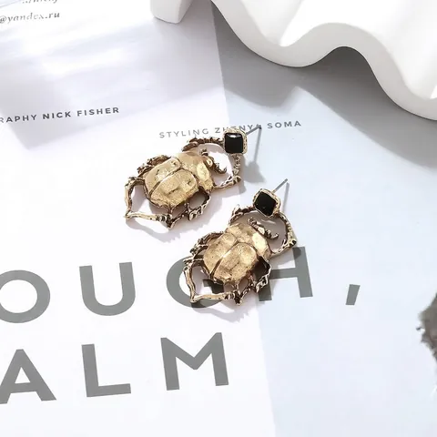 Vintage Scarab Beetle Drop Earrings Antique Gold Silver Color Zinc Alloy Black Resin Square Stone Retro Insect Jewelry Women