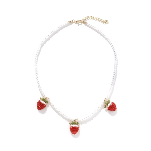 Strawberry Pendant Beaded Necklace Imitation Artificial Pearl Alloy Enamel Fruit Jewelry Sweet Clavicle Chain For Women