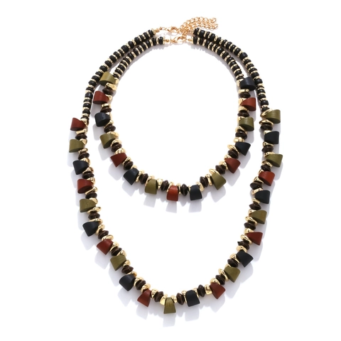 Double Layer Geometric Beaded Necklace Wood And Resin Multi Color Bohemian Vintage Ethnic Jewelry For Women Adjustable