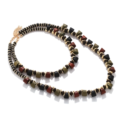 Double Layer Geometric Beaded Necklace Wood And Resin Multi Color Bohemian Vintage Ethnic Jewelry For Women Adjustable
