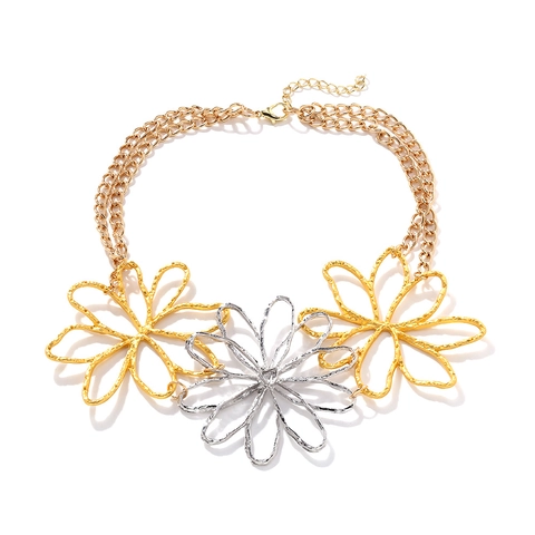 Flower Pendant Necklace Zinc Alloy Double Layer Chain Hollow Hammered Two Tone Statement Jewelry For Women