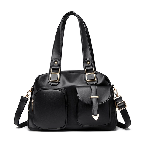 Dames PU Leer Grote Capaciteit Tote Bag Multi Pocket Handtas Dubbele Voorzak Schouder Crossbody Tas Met Hartbedeltje