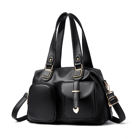 Dames PU Leer Grote Capaciteit Tote Bag Multi Pocket Handtas Dubbele Voorzak Schouder Crossbody Tas Met Hartbedeltje