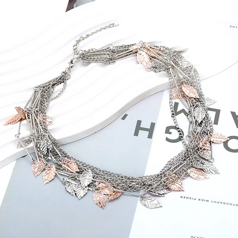 Layered Necklace With Two-Tone Alloy Leaf Pendants Bohemian Vintage Style For Women Adjustable Chain