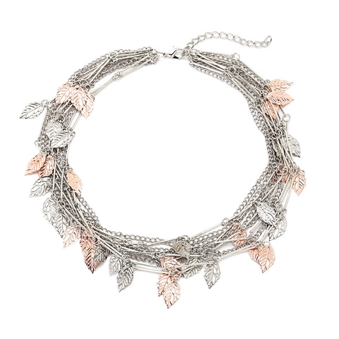 Layered Necklace With Two-Tone Alloy Leaf Pendants Bohemian Vintage Style For Women Adjustable Chain