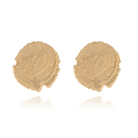Retro Irregular Round Alloy Stud Earrings Hammered Texture Heart Relief Gold Plated Exaggerated Coin Jewelry For Women