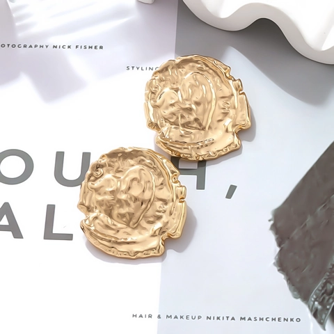 Retro Irregular Round Alloy Stud Earrings Hammered Texture Heart Relief Gold Plated Exaggerated Coin Jewelry For Women