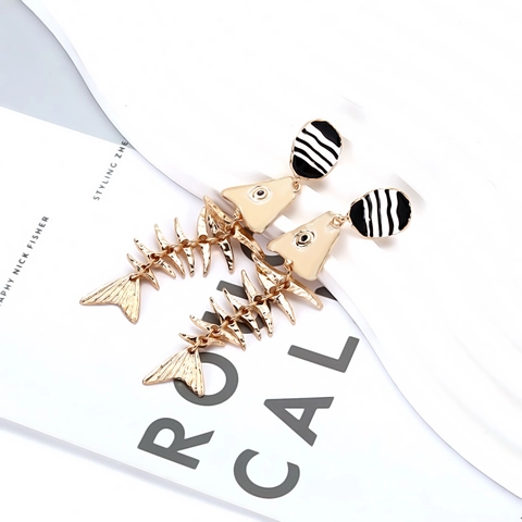 Fishbone Dangle Earrings With Stainless Steel Earring Post Alloy Striped Enamel Vintage Ocean Style Jewelry For Women